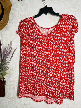 Lane Bryant Floral Red Short-Sleeve Tunic Top Size 18/20 Rayon Blend